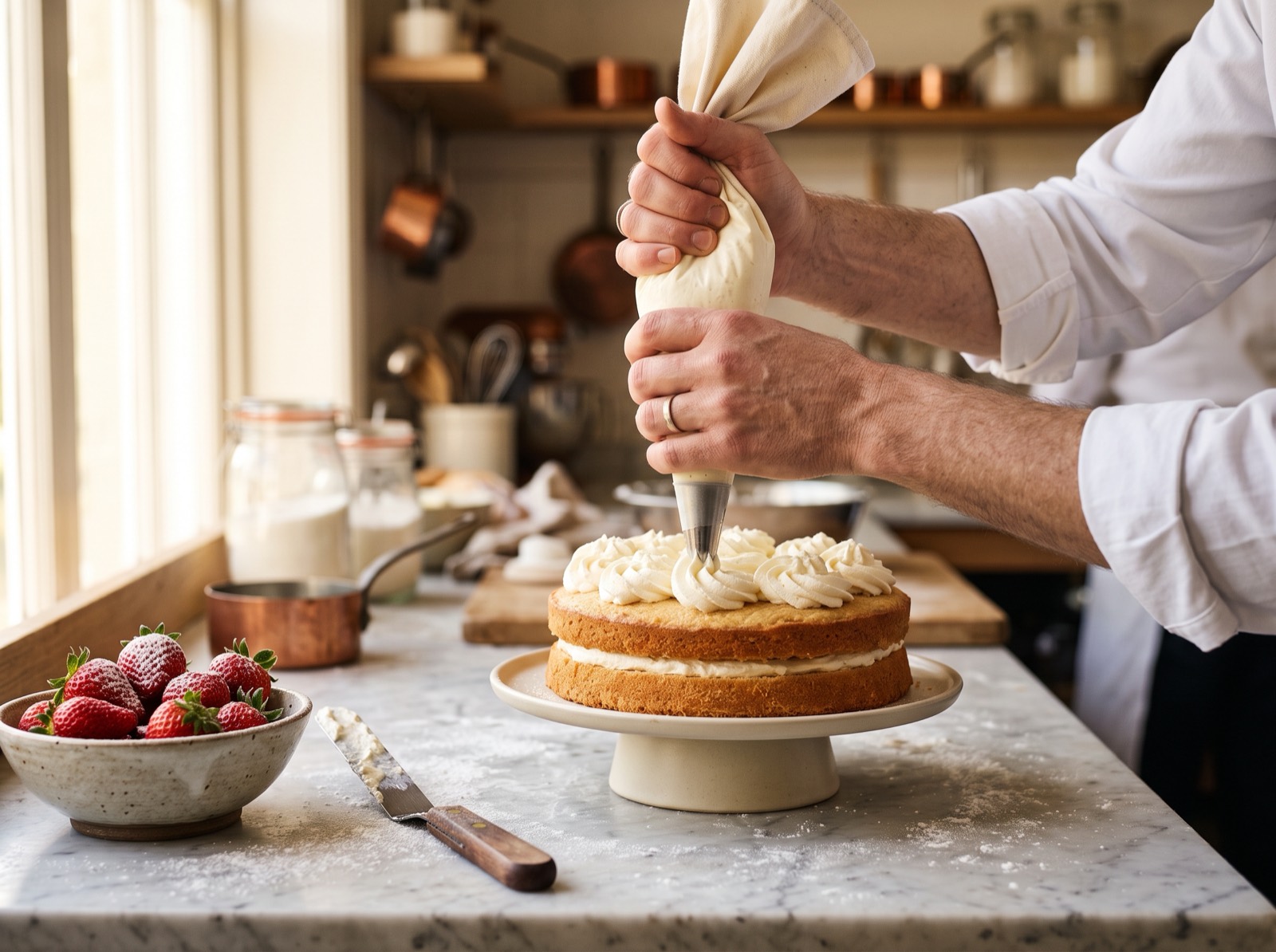 Manos de pastelero montando una tarta en el obrador